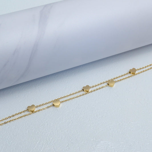 (21+5cm) Double Strand 3D Puffed Heart Station Anklet Bracelet Stainless Steel PVD Gold Plated Gelang Kaki Simple Hypoallergenic