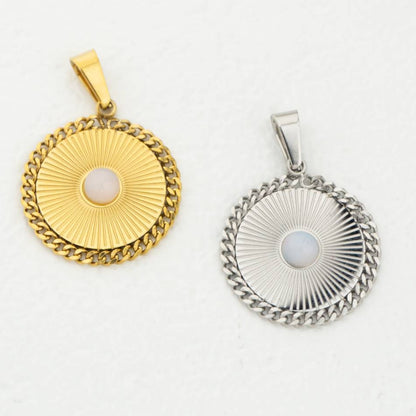 (26mm) Moonstone Round Delicate Medallion Pendant Stainless Steel PVD Gold Plated Liontin Bulat Rantai Batu Alam Hypoallergenic