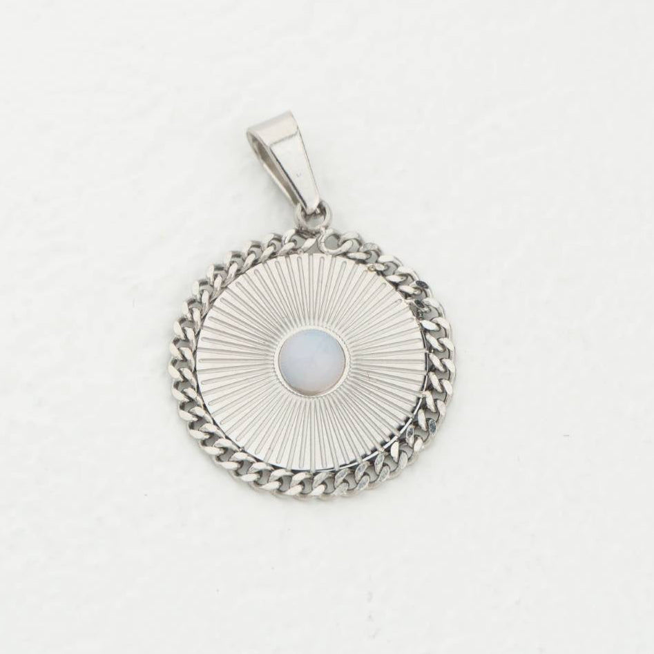 (26mm) Moonstone Round Delicate Medallion Pendant Stainless Steel PVD Gold Plated Liontin Bulat Rantai Batu Alam Hypoallergenic