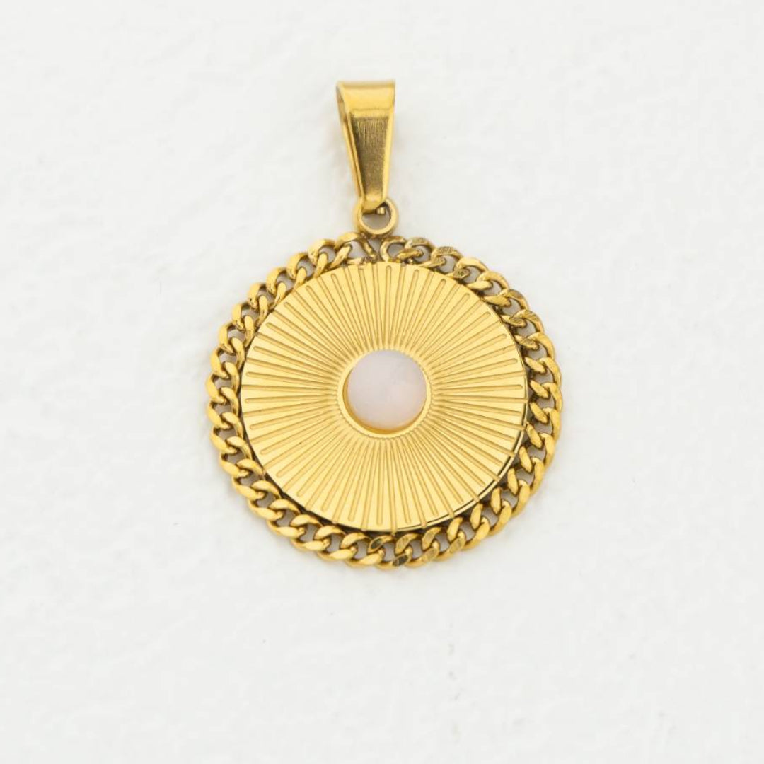 (26mm) Moonstone Round Delicate Medallion Pendant Stainless Steel PVD Gold Plated Liontin Bulat Rantai Batu Alam Hypoallergenic