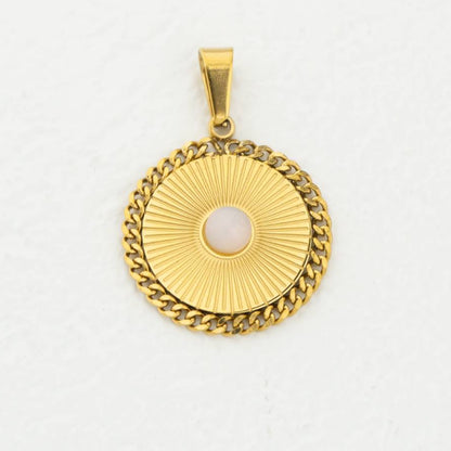 (26mm) Moonstone Round Delicate Medallion Pendant Stainless Steel PVD Gold Plated Liontin Bulat Rantai Batu Alam Hypoallergenic