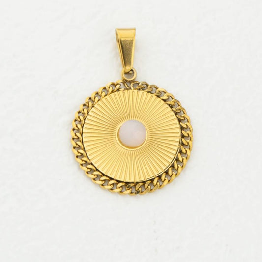 (26mm) Moonstone Round Delicate Medallion Pendant Stainless Steel PVD Gold Plated Liontin Bulat Rantai Batu Alam Hypoallergenic