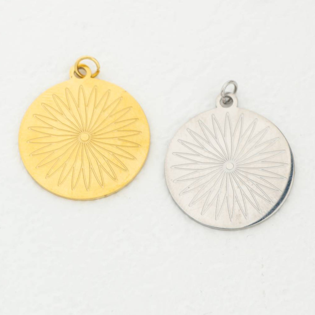 (23mm) Flower Round Medallion Pendant Stainless Steel PVD Gold Plated Liontin Bunga Koin Bulat Hypoallergenic