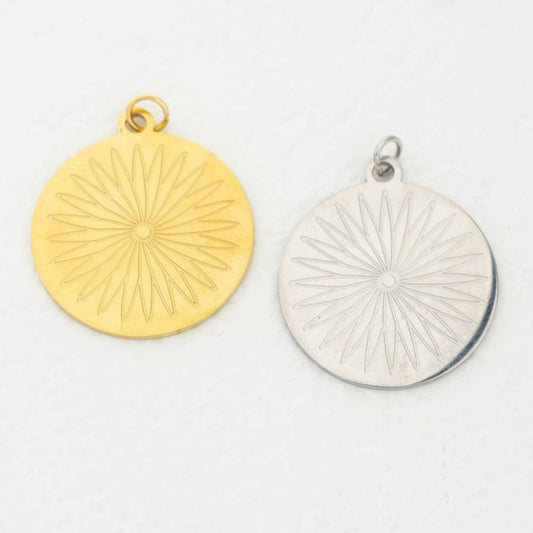 (23mm) Flower Round Medallion Pendant Stainless Steel PVD Gold Plated Liontin Bunga Koin Bulat Hypoallergenic