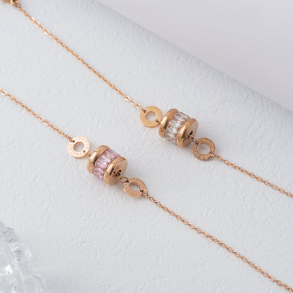 (20cm) Cylinder Barrel Clear Pink Zirconia & Roman Numeral Bracelet Stainless Steel PVD Gold Plated Gelang Minimalis Hypoallergenic