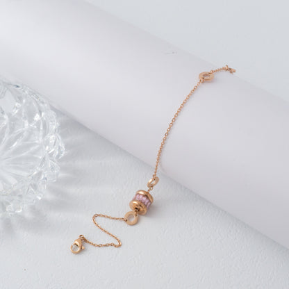 (20cm) Cylinder Barrel Clear Pink Zirconia & Roman Numeral Bracelet Stainless Steel PVD Gold Plated Gelang Minimalis Hypoallergenic