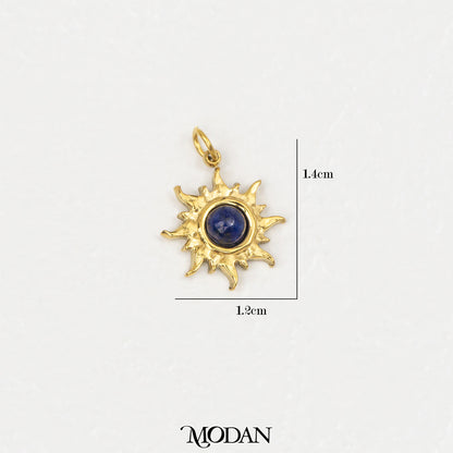 (14mm) Natural Gemstones Sun Charm Stainless Steel PVD Gold Plated Liontin Matahari Batu Alam Hypoallergenic