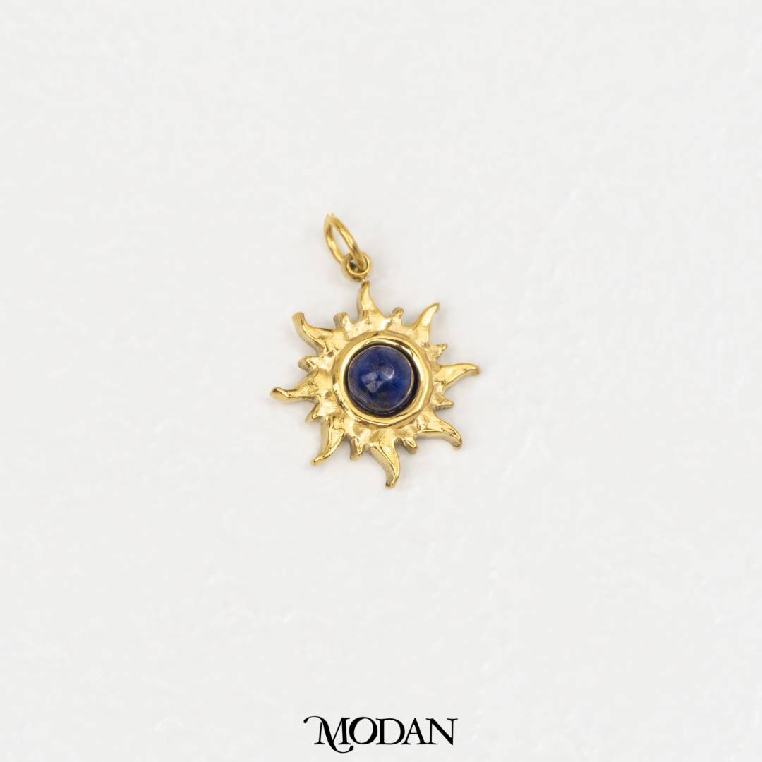(14mm) Natural Gemstones Sun Charm Stainless Steel PVD Gold Plated Liontin Matahari Batu Alam Hypoallergenic