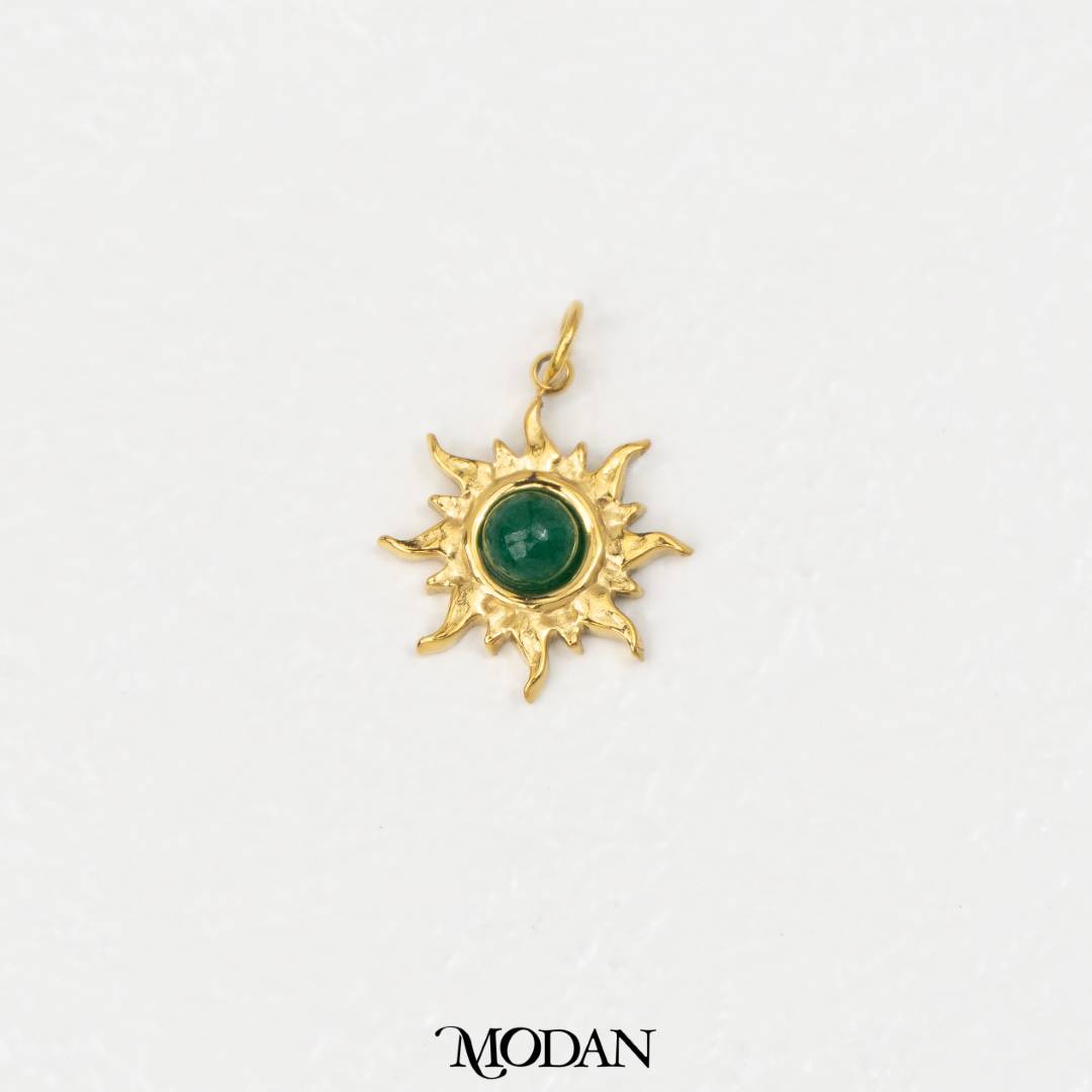 (14mm) Natural Gemstones Sun Charm Stainless Steel PVD Gold Plated Liontin Matahari Batu Alam Hypoallergenic