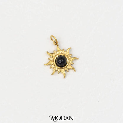 (14mm) Natural Gemstones Sun Charm Stainless Steel PVD Gold Plated Liontin Matahari Batu Alam Hypoallergenic