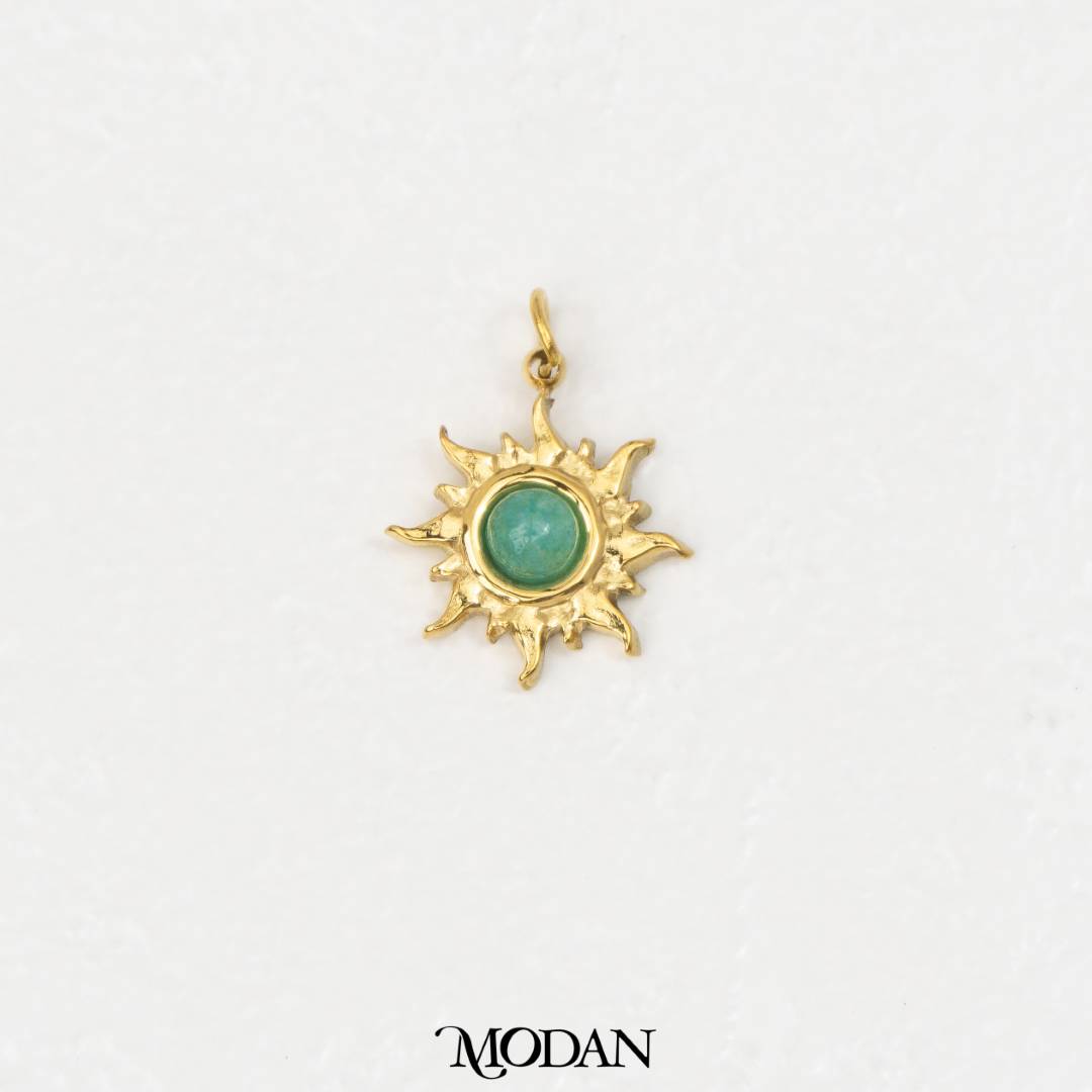 (14mm) Natural Gemstones Sun Charm Stainless Steel PVD Gold Plated Liontin Matahari Batu Alam Hypoallergenic