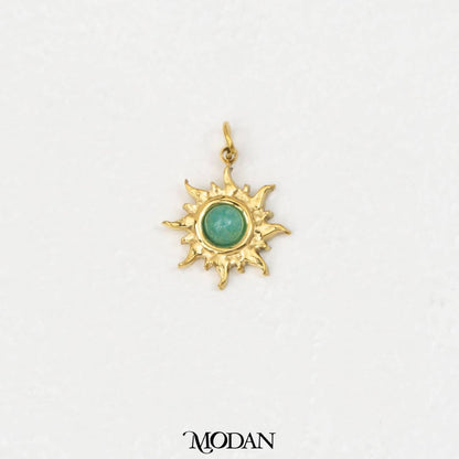 (14mm) Natural Gemstones Sun Charm Stainless Steel PVD Gold Plated Liontin Matahari Batu Alam Hypoallergenic