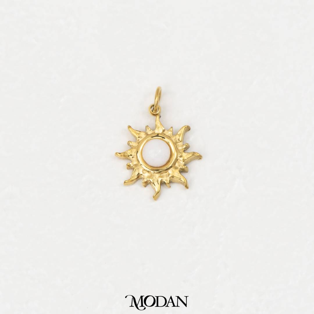 (14mm) Natural Gemstones Sun Charm Stainless Steel PVD Gold Plated Liontin Matahari Batu Alam Hypoallergenic