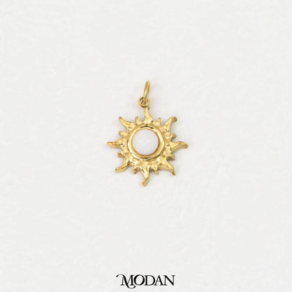 (14mm) Natural Gemstones Sun Charm Stainless Steel PVD Gold Plated Liontin Matahari Batu Alam Hypoallergenic