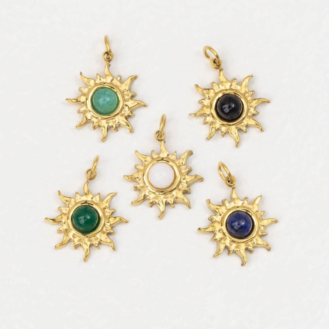(14mm) Natural Gemstones Sun Charm Stainless Steel PVD Gold Plated Liontin Matahari Batu Alam Hypoallergenic