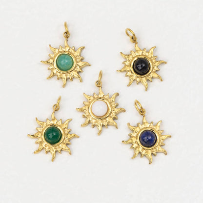 (14mm) Natural Gemstones Sun Charm Stainless Steel PVD Gold Plated Liontin Matahari Batu Alam Hypoallergenic