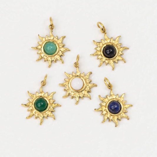 (14mm) Natural Gemstones Sun Charm Stainless Steel PVD Gold Plated Liontin Matahari Batu Alam Hypoallergenic