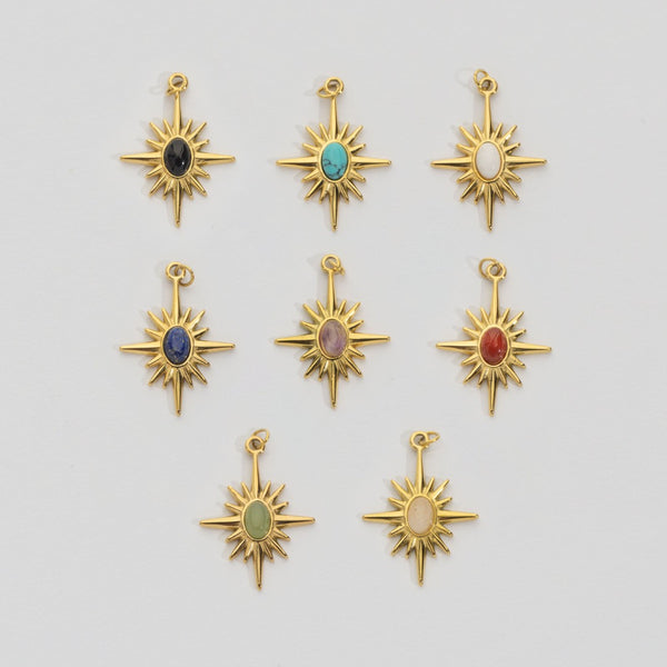 (26mm) Natural Gemstones Star Pendant Stainless Steel PVD Gold Plated Liontin Batuan Alam Bintang Hypoallergenic