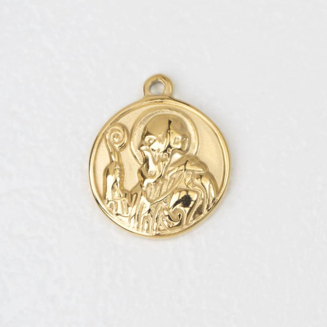 (21mm) Saint Benedict Medallion Pendant Stainless Steel PVD Gold Plated Liontin Medali Santo Benediktus Hypoallergenic