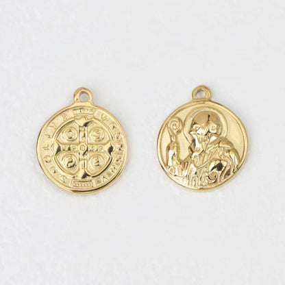 (21mm) Saint Benedict Medallion Pendant Stainless Steel PVD Gold Plated Liontin Medali Santo Benediktus Hypoallergenic