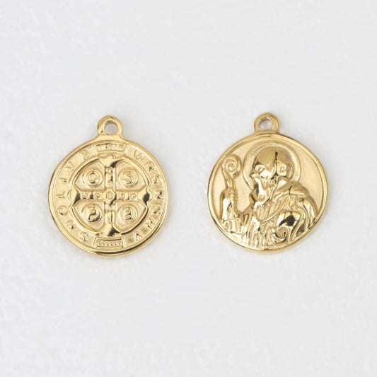 (21mm) Saint Benedict Medallion Pendant Stainless Steel PVD Gold Plated Liontin Medali Santo Benediktus Hypoallergenic