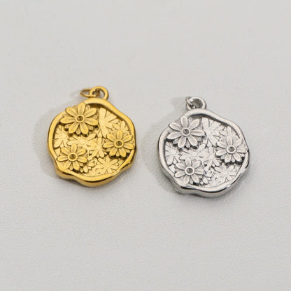 3D Blooming Circle Pendant Stainless Steel PVD Gold Plated Liontin Bulat Bunga Hypoallergenic