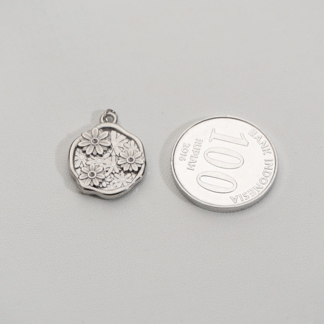 3D Blooming Circle Pendant Stainless Steel PVD Gold Plated Liontin Bulat Bunga Hypoallergenic