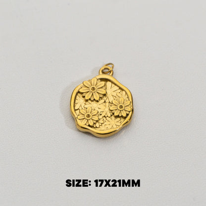 3D Blooming Circle Pendant Stainless Steel PVD Gold Plated Liontin Bulat Bunga Hypoallergenic