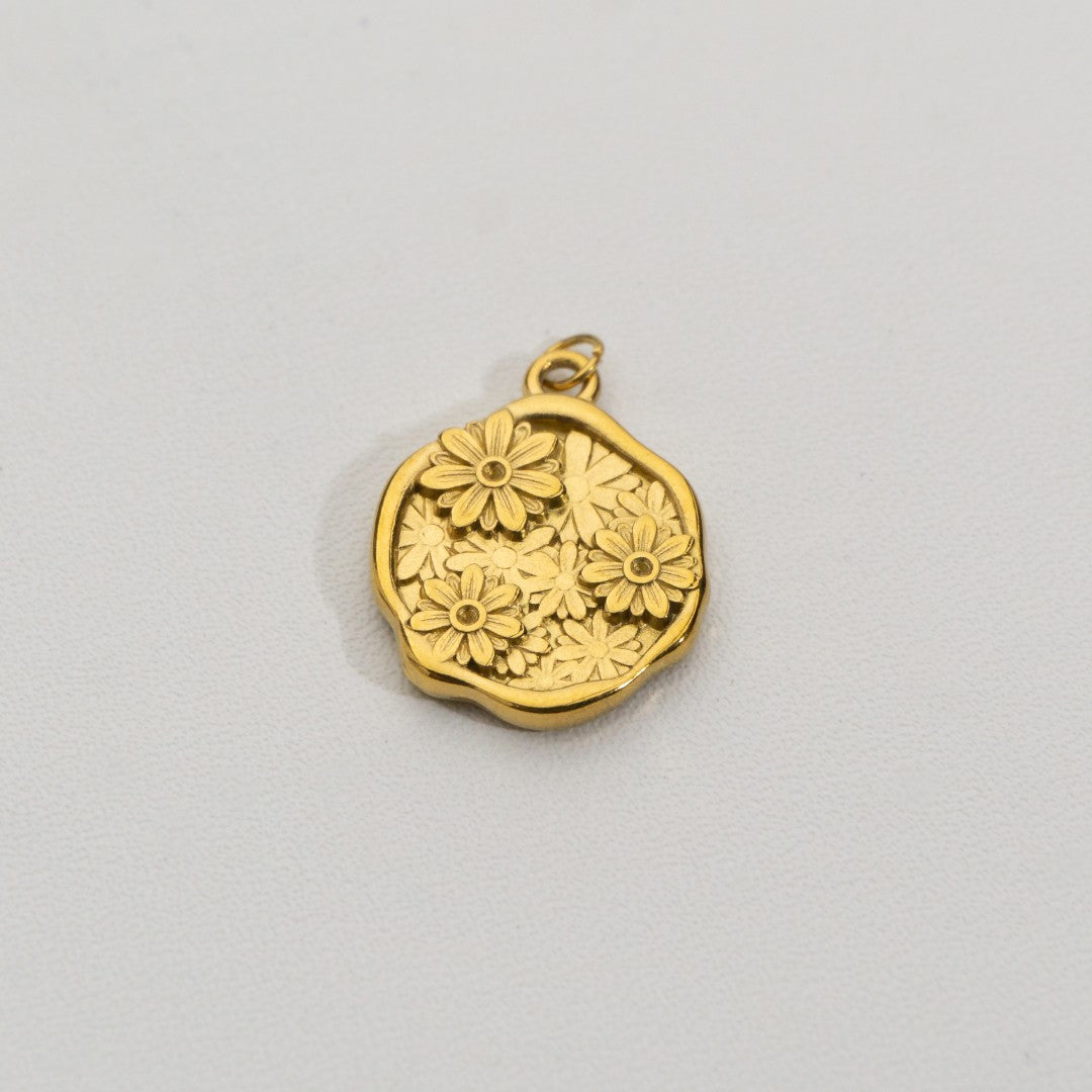 3D Blooming Circle Pendant Stainless Steel PVD Gold Plated Liontin Bulat Bunga Hypoallergenic