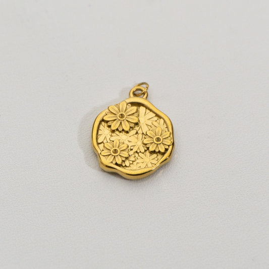 3D Blooming Circle Pendant Stainless Steel PVD Gold Plated Liontin Bulat Bunga Hypoallergenic