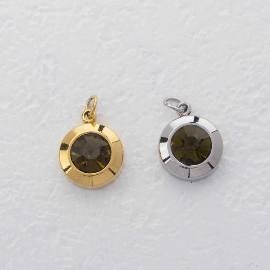 (0.9cm) Round Birthstone Charm Stainless Steel PVD Gold Plated Liontin Hati Bulan Lahir Bulat Hypoallergenic