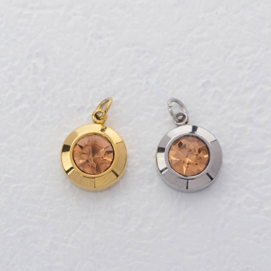 (0.9cm) Round Birthstone Charm Stainless Steel PVD Gold Plated Liontin Hati Bulan Lahir Bulat Hypoallergenic