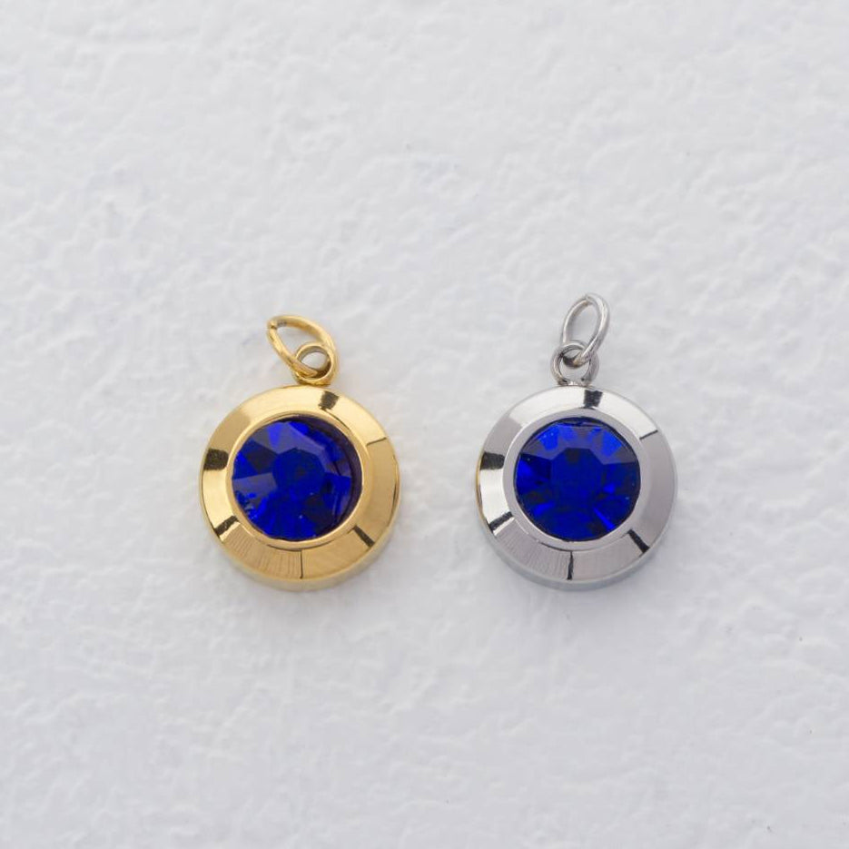 (0.9cm) Round Birthstone Charm Stainless Steel PVD Gold Plated Liontin Hati Bulan Lahir Bulat Hypoallergenic