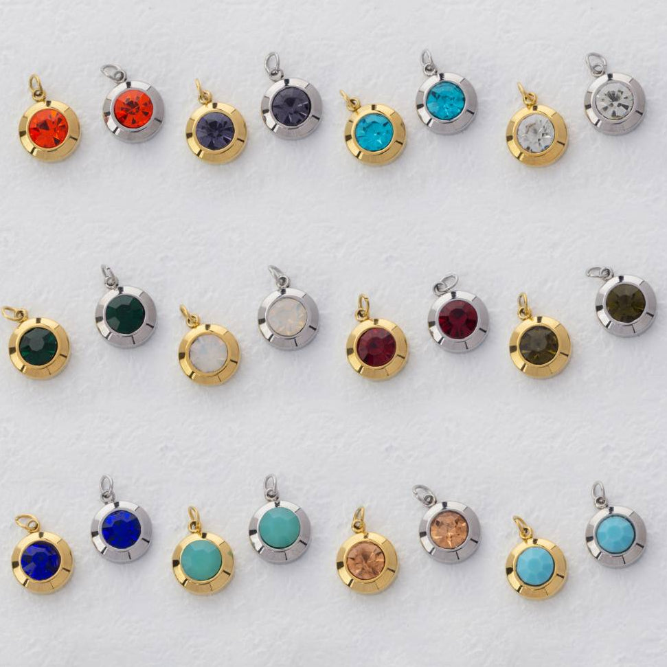 (0.9cm) Round Birthstone Charm Stainless Steel PVD Gold Plated Liontin Hati Bulan Lahir Bulat Hypoallergenic