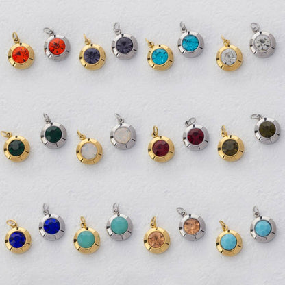 (0.9cm) Round Birthstone Charm Stainless Steel PVD Gold Plated Liontin Hati Bulan Lahir Bulat Hypoallergenic