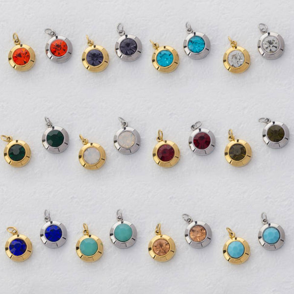 (0.9cm) Round Birthstone Charm Stainless Steel PVD Gold Plated Liontin Hati Bulan Lahir Bulat Hypoallergenic
