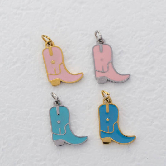 (1.2cm) Pink and Blue Mini Boots Shoes Enamel Charm Stainless Steel PVD Gold Plated Liontin Sepatu Boots Hypoallergenic