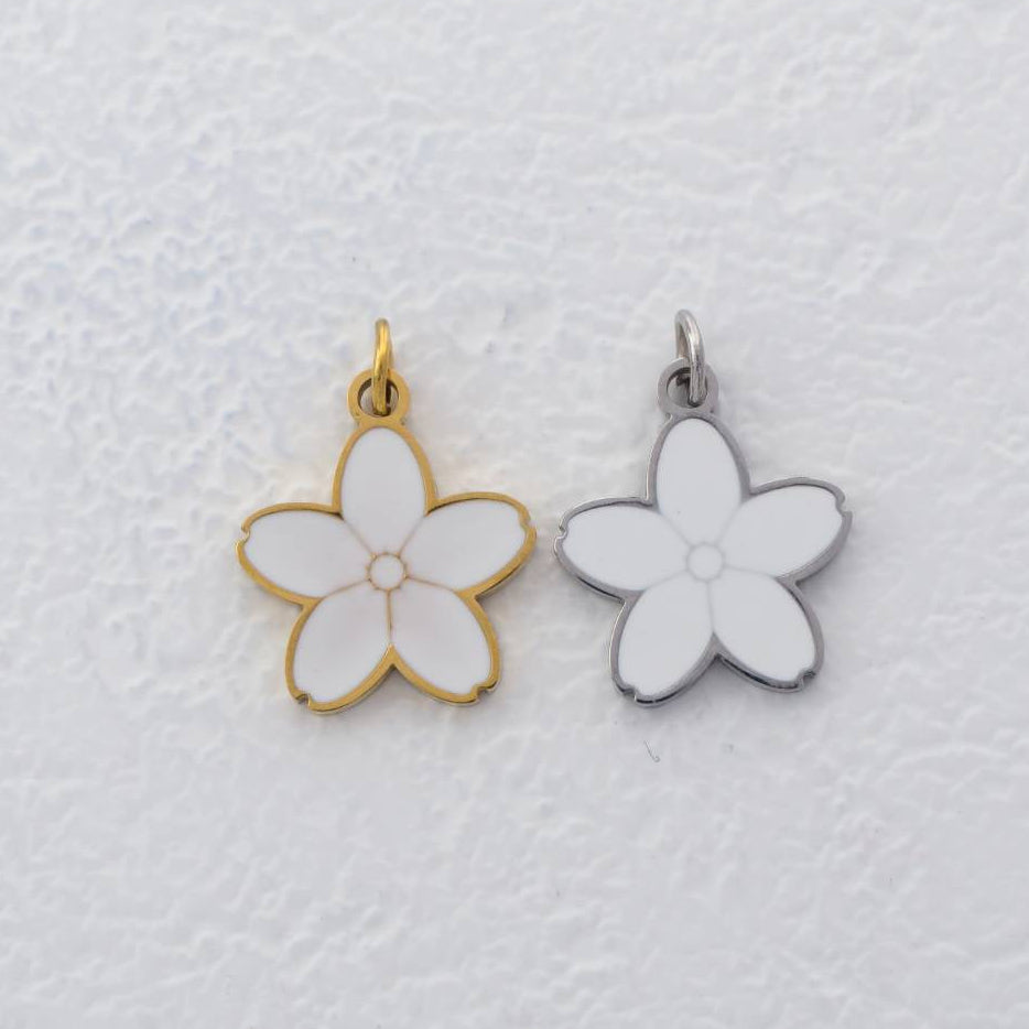 (14mm) White Cherry Blossom Flower Enamel Charm Stainless Steel PVD Gold Plated Liontin Bunga Sakura Putih Hypoallergenic