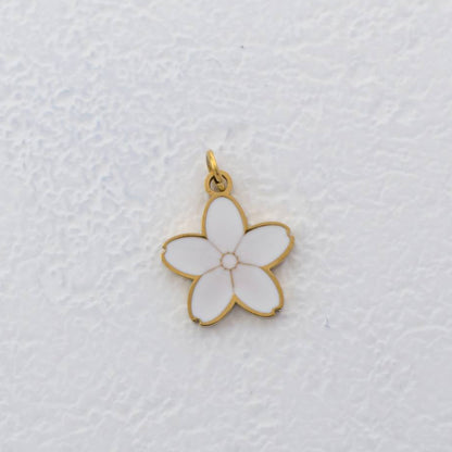 (14mm) White Cherry Blossom Flower Enamel Charm Stainless Steel PVD Gold Plated Liontin Bunga Sakura Putih Hypoallergenic