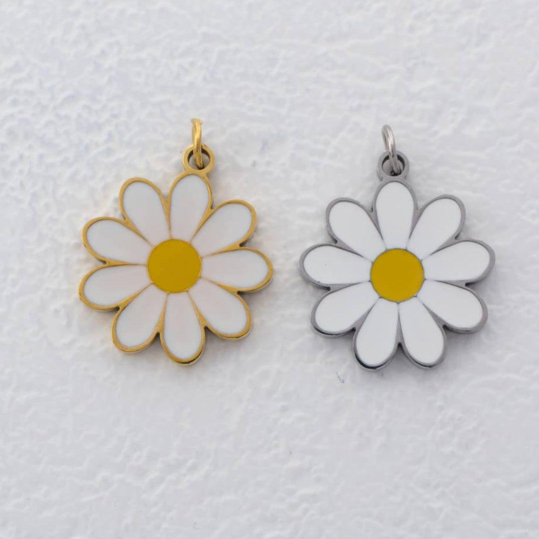 (17mm) White Daisy Flower Enamel Charm Stainless Steel PVD Gold Plated Liontin Bunga Aster Hypoallergenic