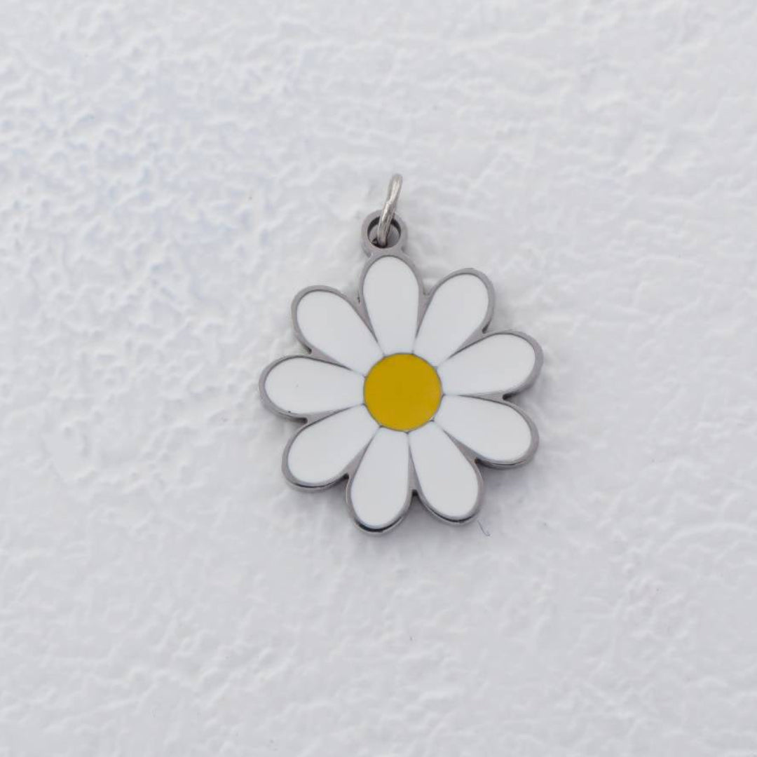 (17mm) White Daisy Flower Enamel Charm Stainless Steel PVD Gold Plated Liontin Bunga Aster Hypoallergenic