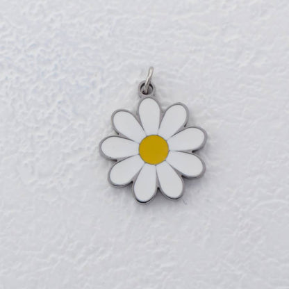 (17mm) White Daisy Flower Enamel Charm Stainless Steel PVD Gold Plated Liontin Bunga Aster Hypoallergenic