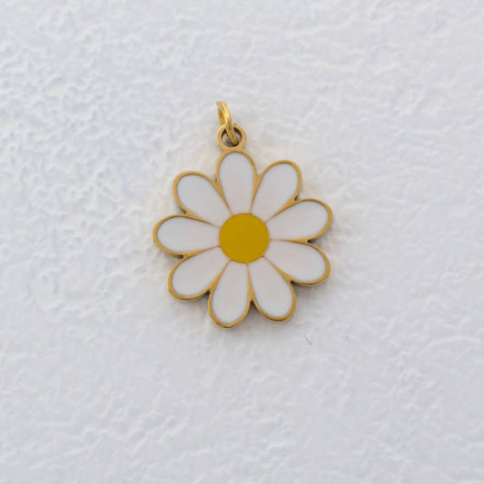 (17mm) White Daisy Flower Enamel Charm Stainless Steel PVD Gold Plated Liontin Bunga Aster Hypoallergenic