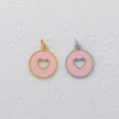 (12mm) Love Heart Coin Red Pink Enamel Charm Stainless Steel PVD Gold Plated Liontin Koin Hati Hypoallergenic