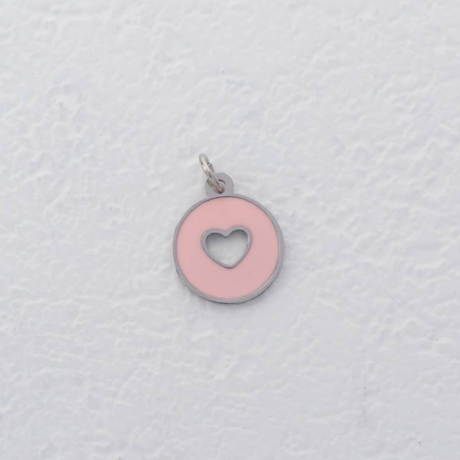 (12mm) Love Heart Coin Red Pink Enamel Charm Stainless Steel PVD Gold Plated Liontin Koin Hati Hypoallergenic