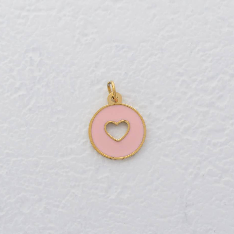 (12mm) Love Heart Coin Red Pink Enamel Charm Stainless Steel PVD Gold Plated Liontin Koin Hati Hypoallergenic