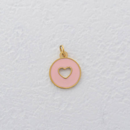 (12mm) Love Heart Coin Red Pink Enamel Charm Stainless Steel PVD Gold Plated Liontin Koin Hati Hypoallergenic