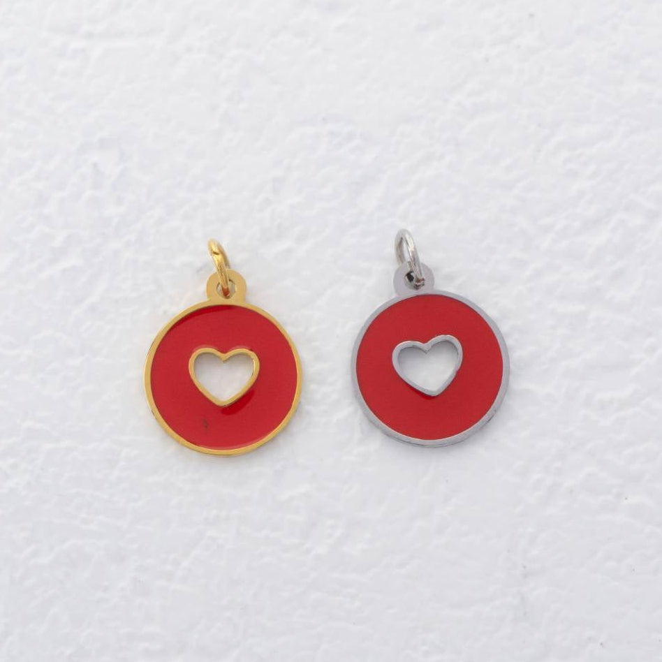 (12mm) Love Heart Coin Red Pink Enamel Charm Stainless Steel PVD Gold Plated Liontin Koin Hati Hypoallergenic