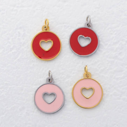 (12mm) Love Heart Coin Red Pink Enamel Charm Stainless Steel PVD Gold Plated Liontin Koin Hati Hypoallergenic