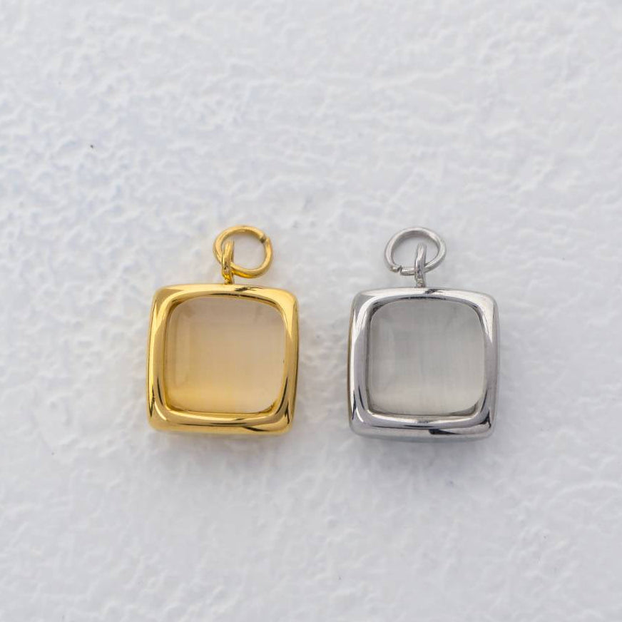 (11mm) White Cat Eye Square Charms Stainless Steel PVD Gold Plated Liontin Kotak Mata Kucing Putih
